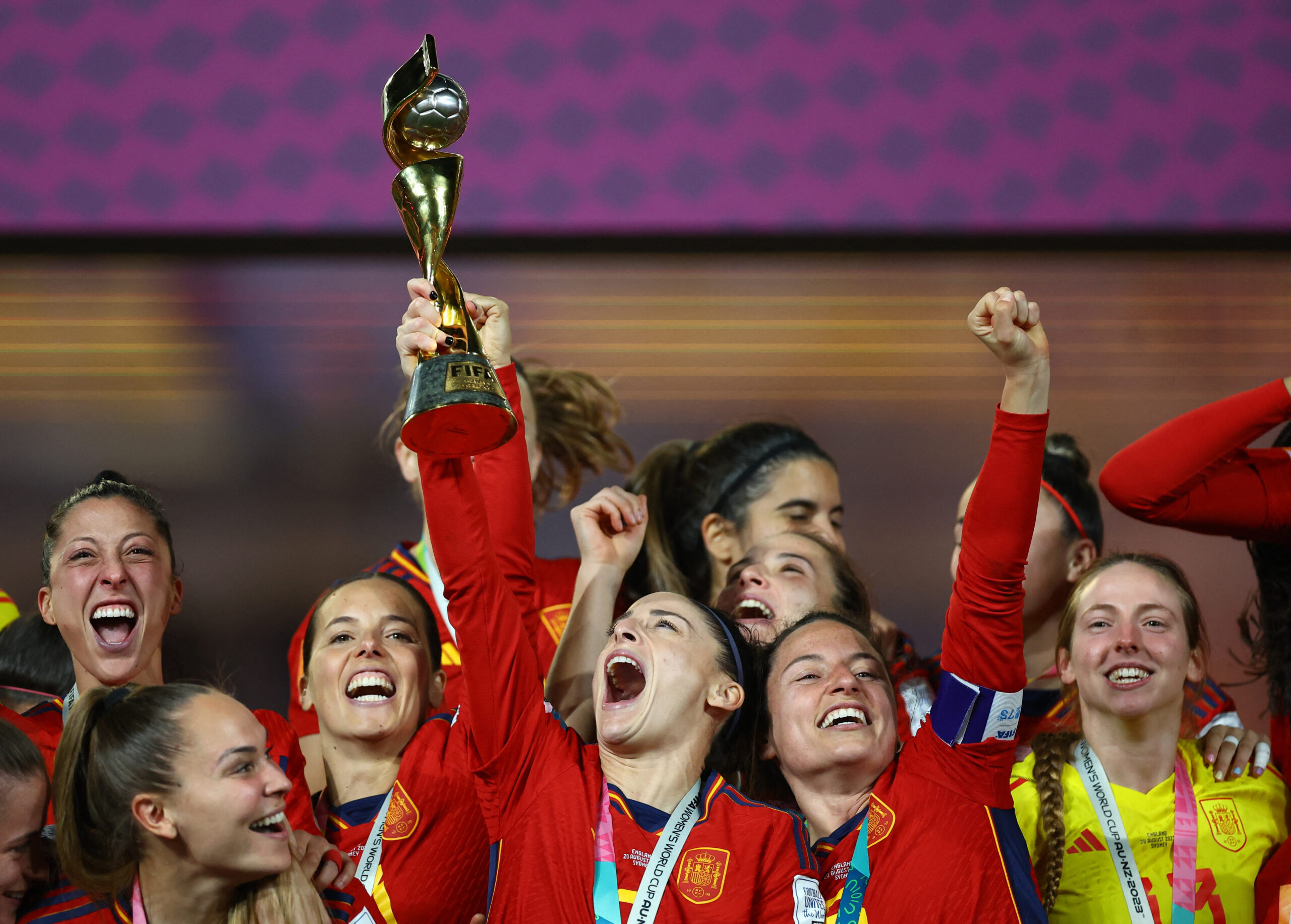 Soccer Football - FIFA Women's World Cup Australia and New Zealand 2023 - Final - Spain v England - Stadium Australia, Sydney, Australia - August 20, 2023 Spain celebrate with the trophy after winning the world cup REUTERS/Hannah Mckay